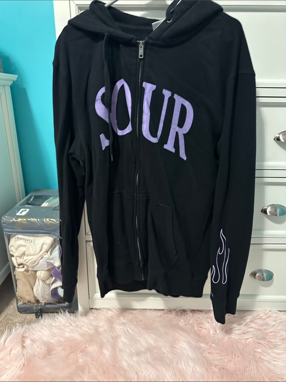 Black Zip Hoodie with Purple Olivia Rodrigo "SOUR" Graphic